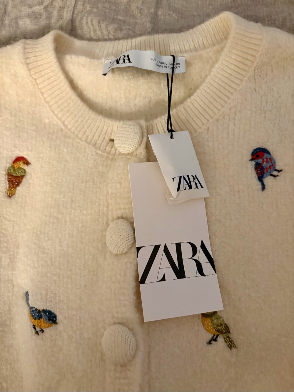 ZARA Cream Embroidered Bird Button-Front Cardigan L